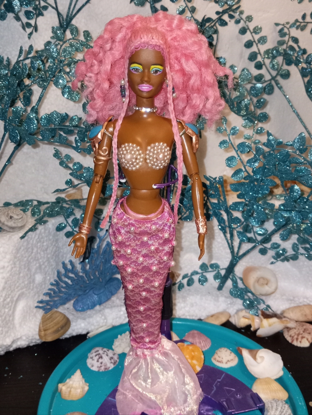 Custom Barbie mermaid doll pink curly hair & braids